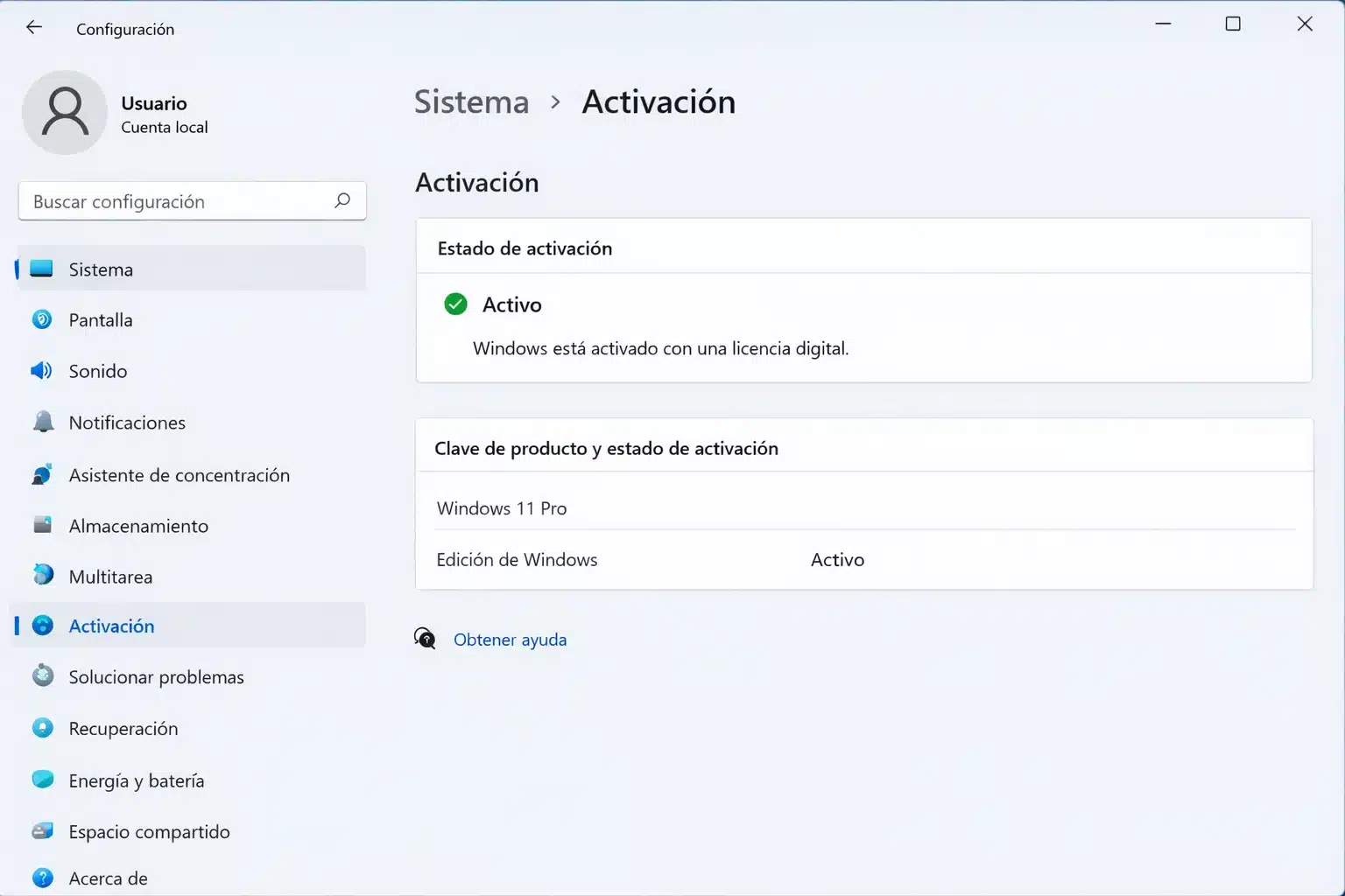 Pantalla de activación de Windows mostrando que está activado con una licencia digital