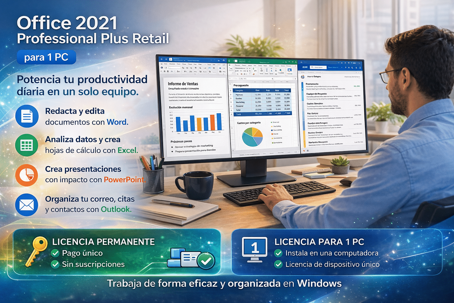 Infografía de Office 2021 Professional Plus Retail con apps incluidas y licencia para 1 PC