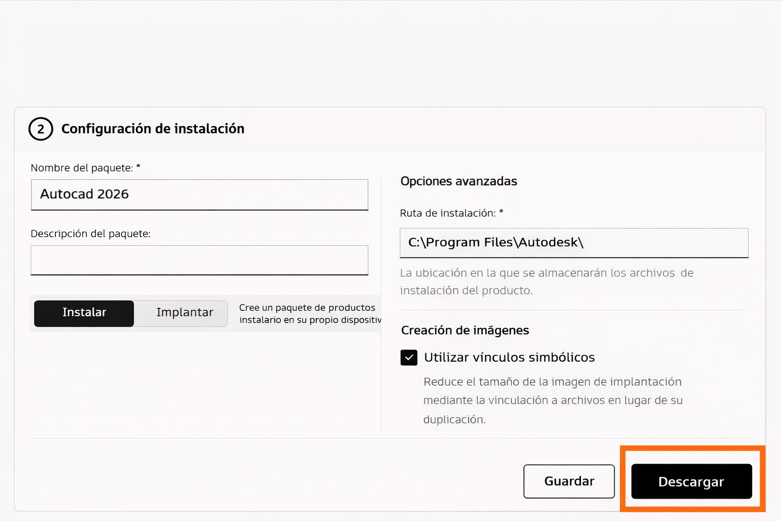 Configuración de instalación de Autodesk con nombre del paquete, términos aceptados y botón Descargar resaltado