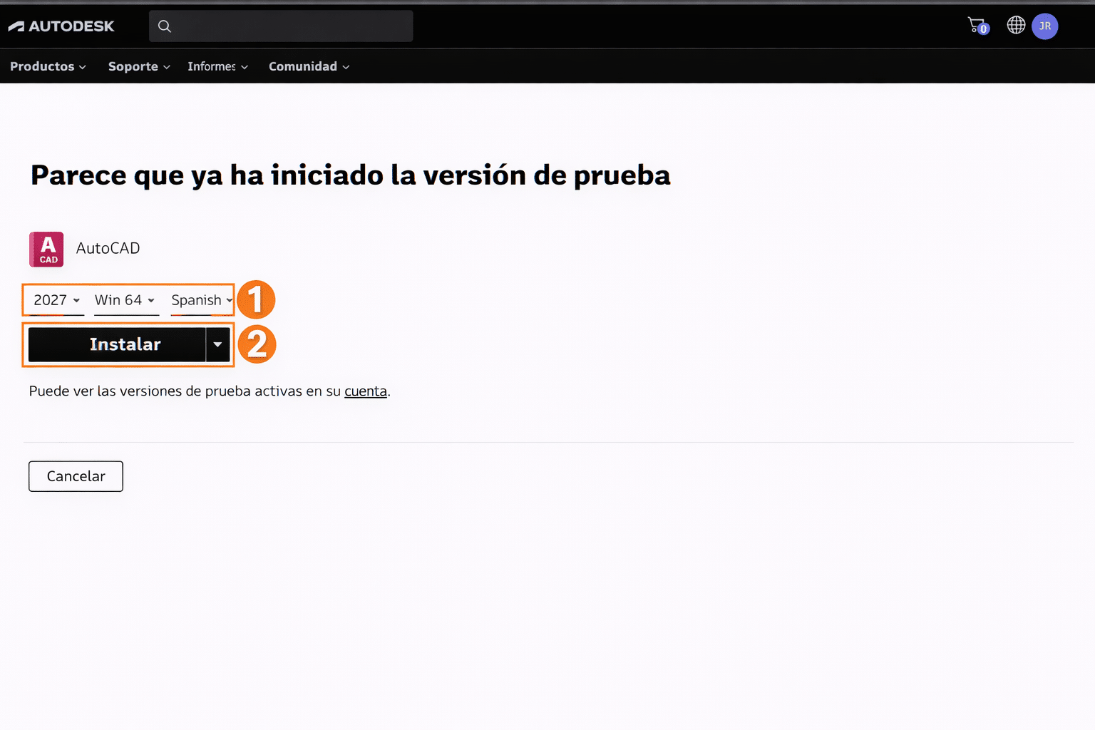 Pantalla de Autodesk con AutoCAD 2027, Windows 64 bits, Spanish y botón Instalar resaltado