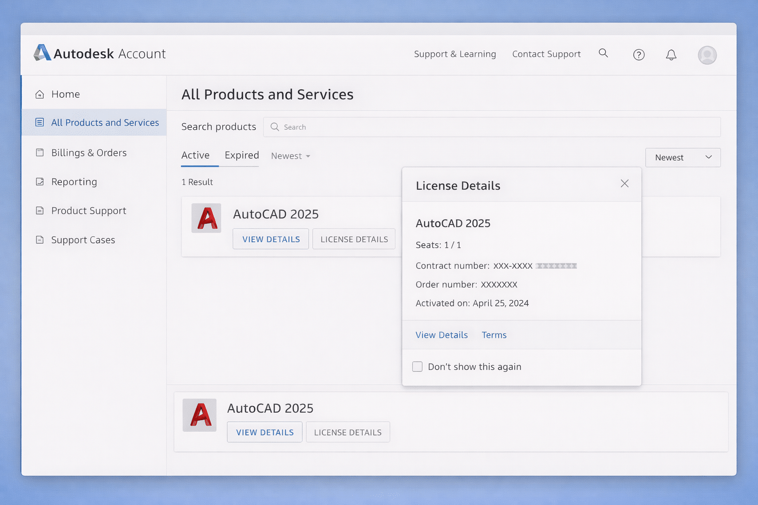 Autodesk Account mostrando View Details y License Details para AutoCAD 2025