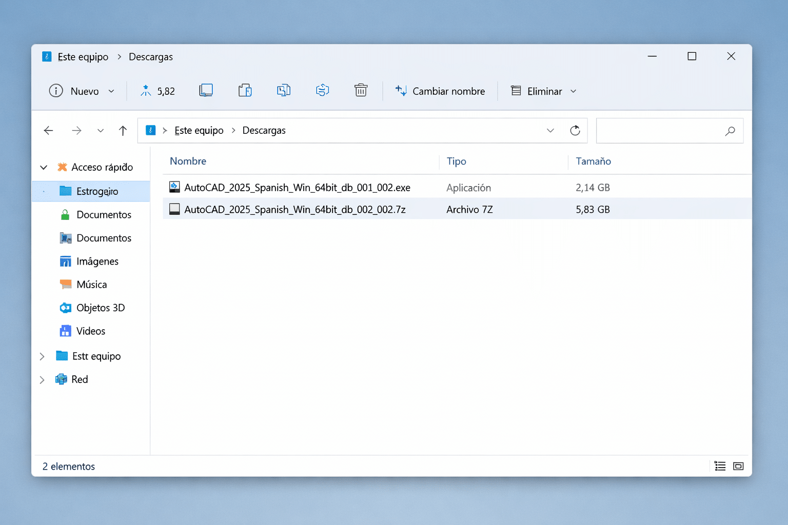 Carpeta de Windows con los archivos de instalación de AutoCAD 2025 en formato EXE y 7Z