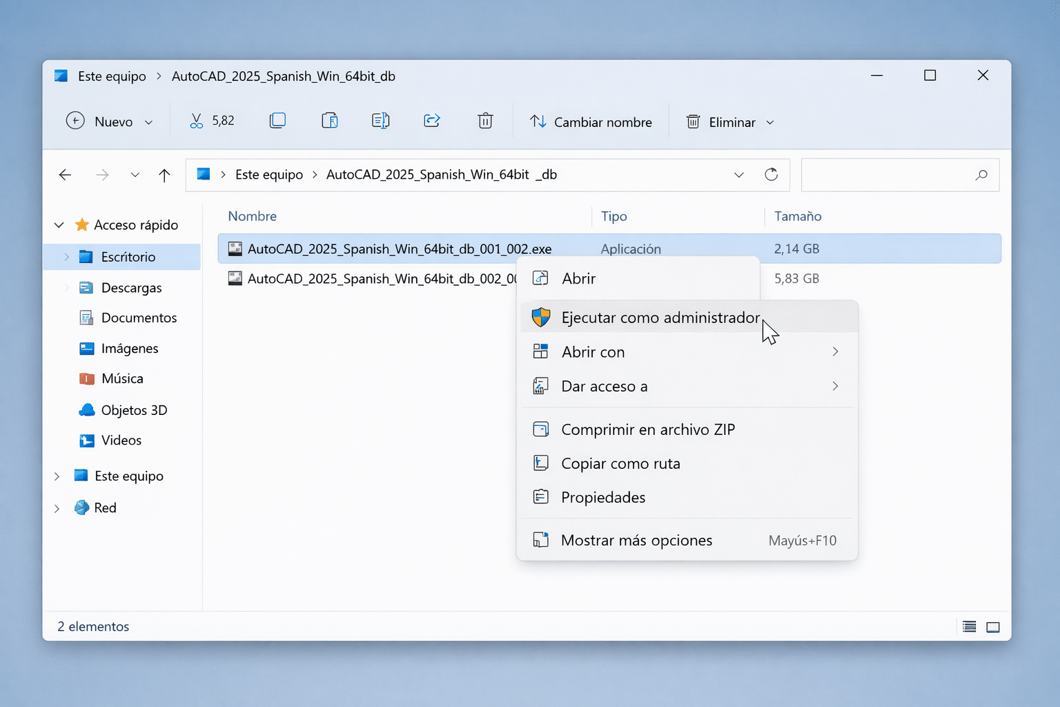 Menú contextual de Windows con la opción Ejecutar como administrador sobre el archivo EXE de AutoCAD 2025