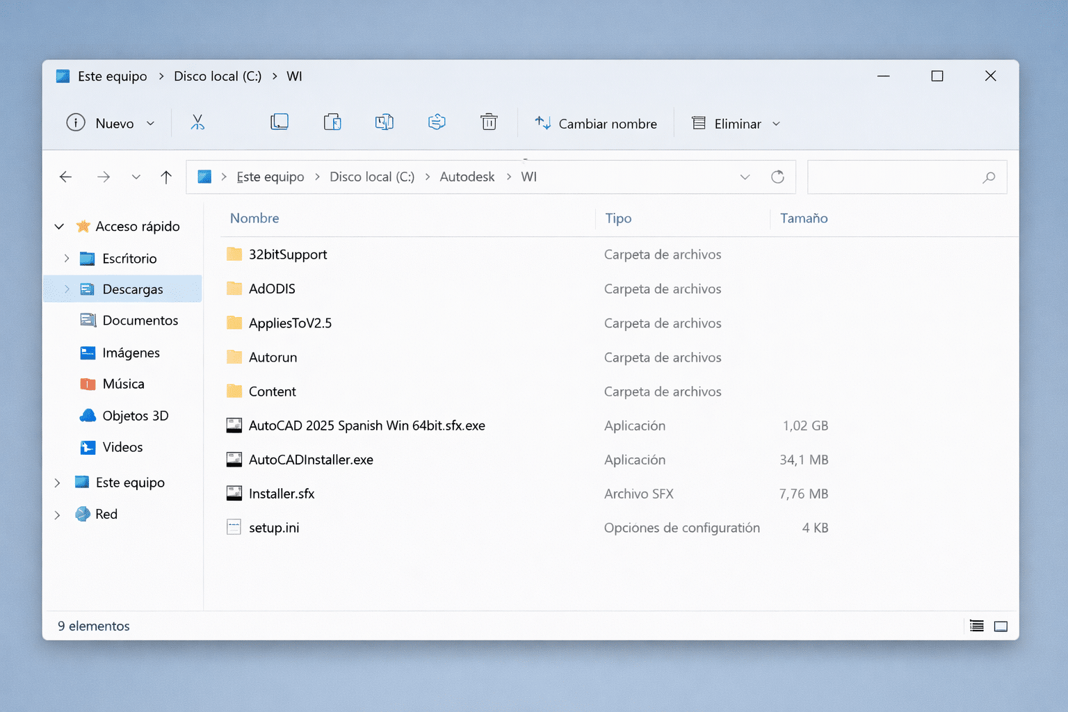Carpeta C:\Autodesk\WI con los archivos extraídos del instalador de AutoCAD 2025