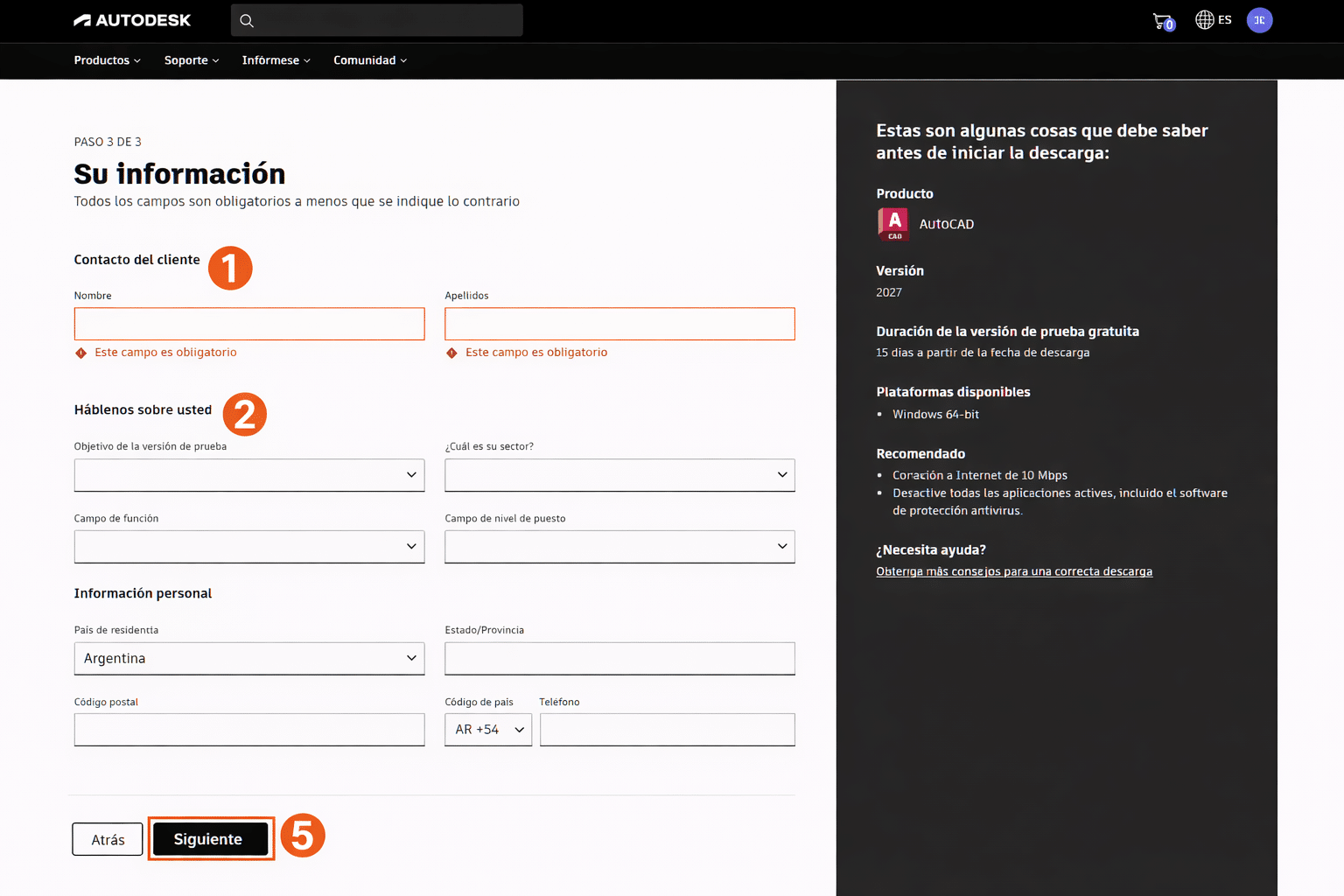 Formulario de registro de Autodesk para AutoCAD 2027 con campos destacados y botón Siguiente