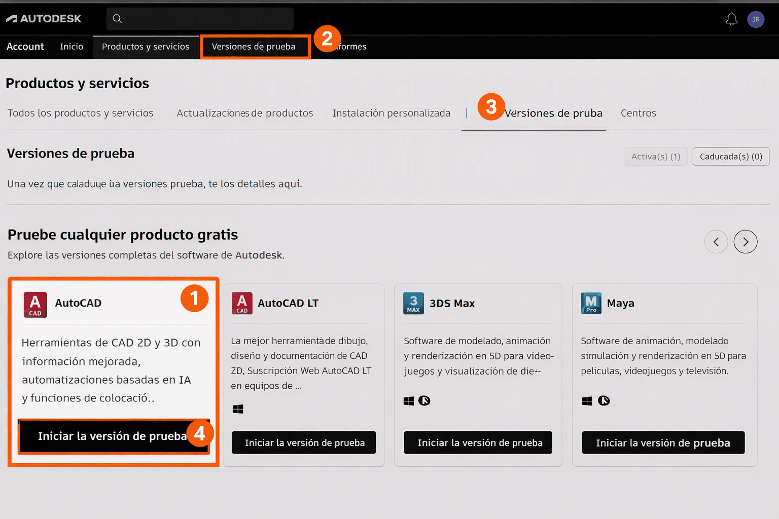Guía visual de Autodesk con los pasos Productos y servicios, Versiones de prueba, AutoCAD e Iniciar la versión de prueba