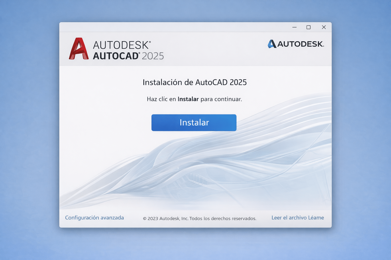 Pantalla del instalador de AutoCAD 2025 con el botón Instalar visible