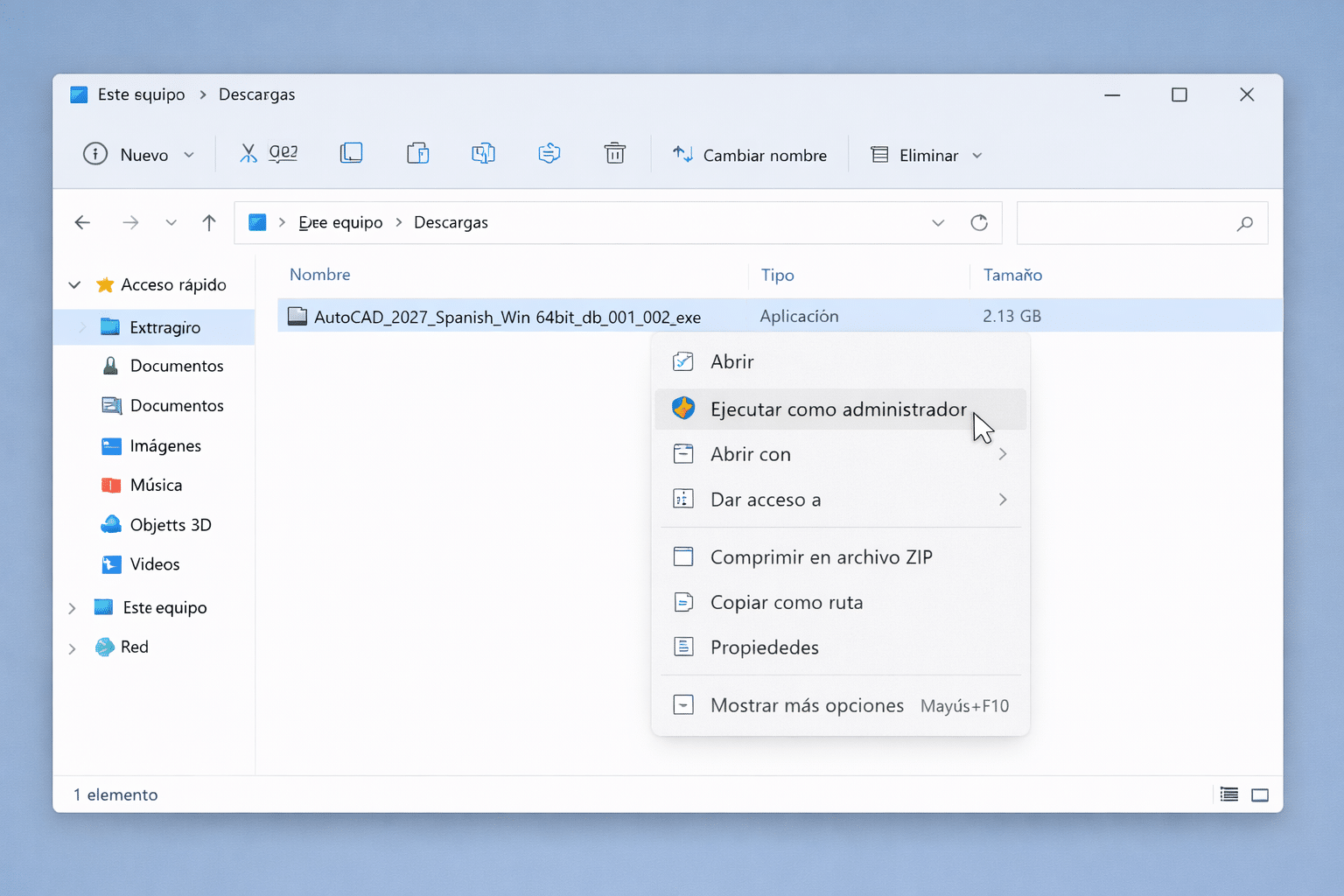 Instalador de AutoCAD 2027 ubicado en la carpeta Descargas de Windows