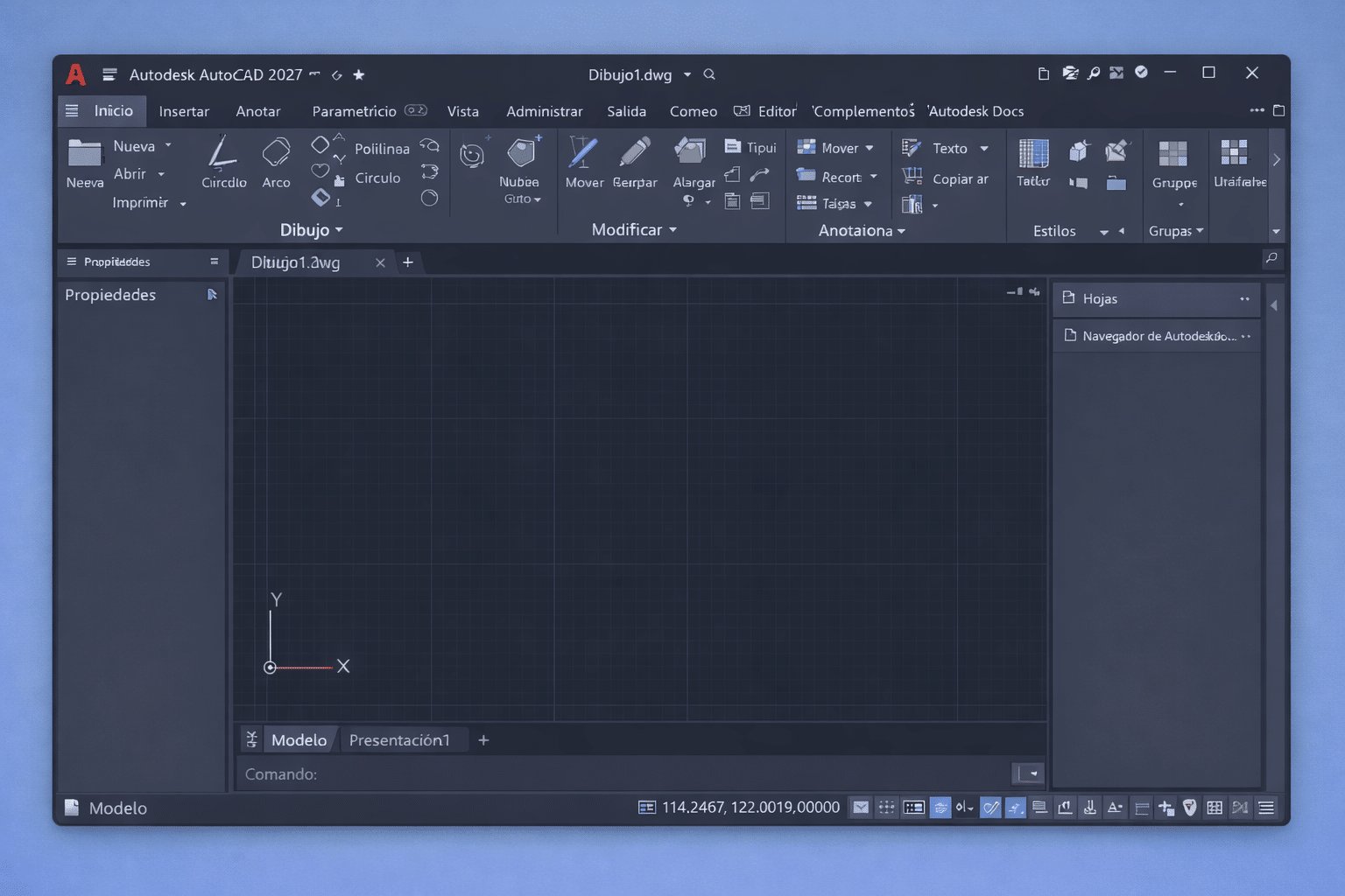 Interfaz de AutoCAD 2027 abierta por primera vez en Windows 11