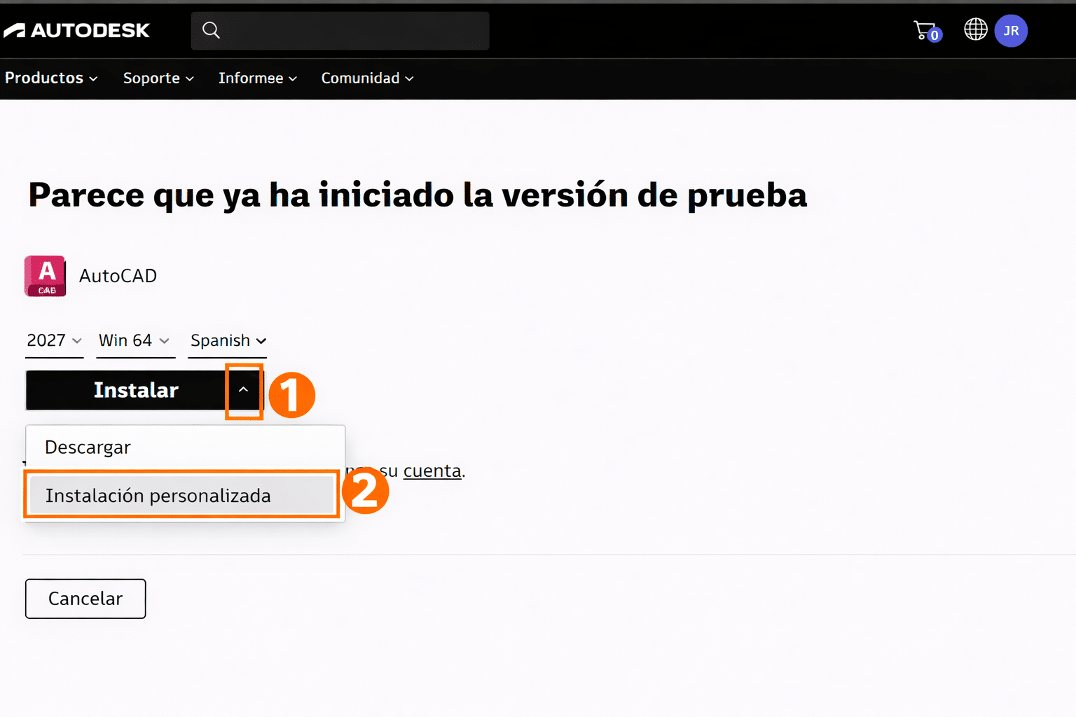 Menú desplegable junto al botón Instalar en Autodesk mostrando la opción Instalación personalizada