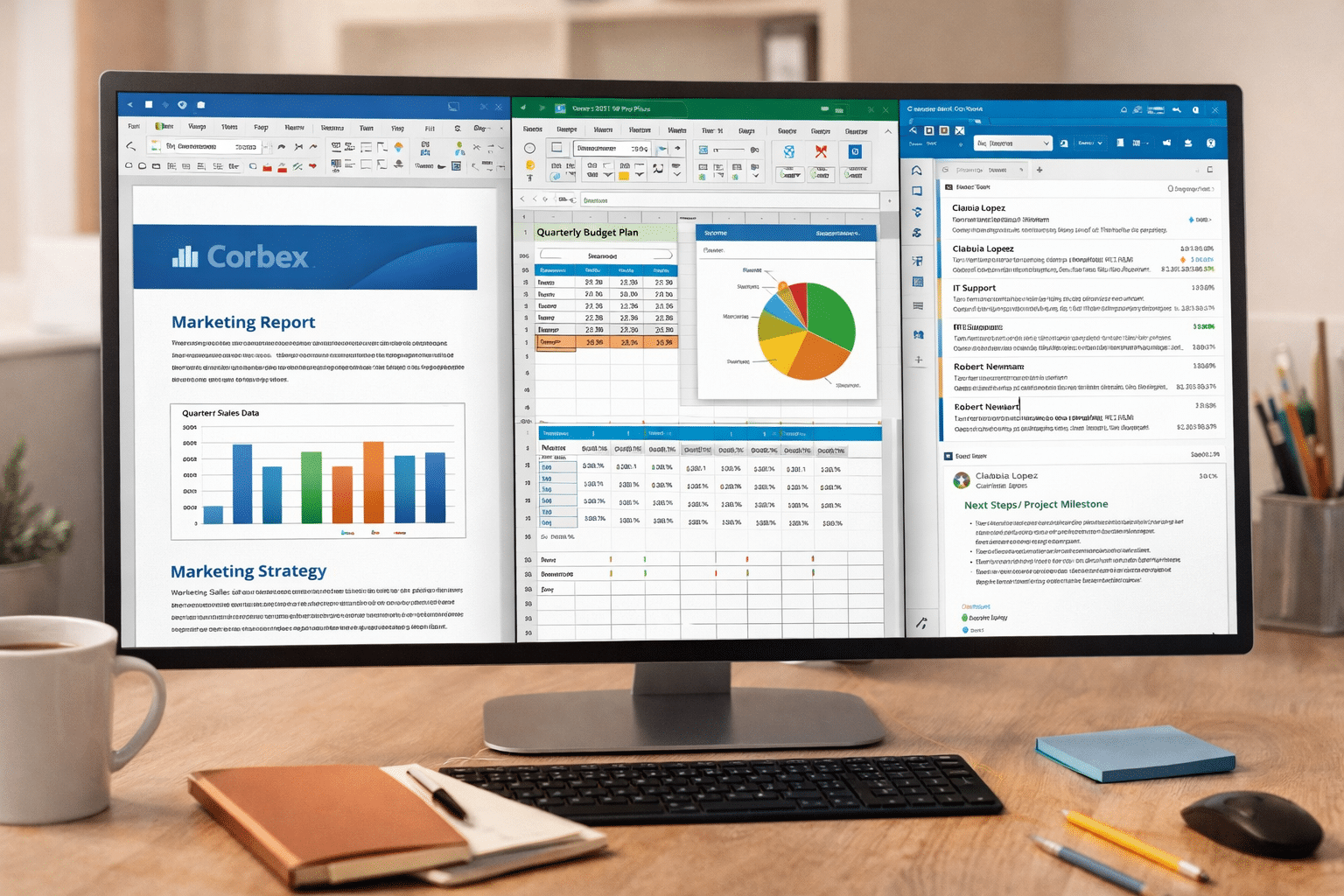 Pantalla de trabajo con documentos, planillas y correo en Office 2021 Pro Plus