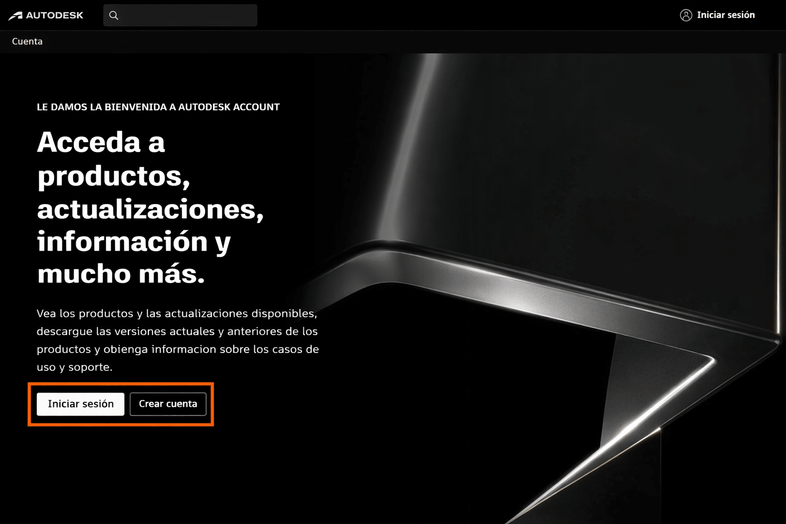 Pantalla inicial de Autodesk con las opciones Iniciar sesión y Crear cuenta