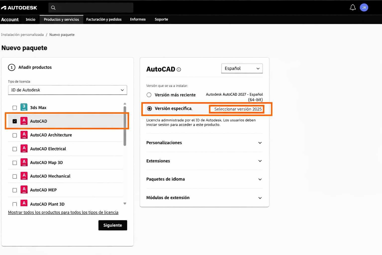 Pantalla Nuevo paquete de Autodesk con AutoCAD marcado y la opción Versión específica seleccionada