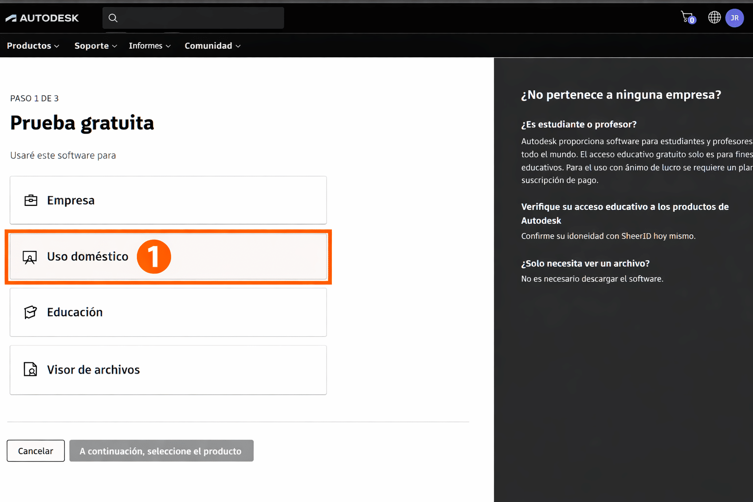 Pantalla de prueba gratuita de Autodesk con la opción Uso doméstico resaltada