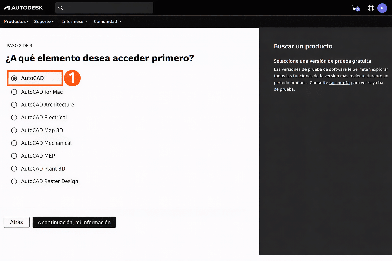 Paso 2 de 3 de Autodesk con AutoCAD seleccionado para continuar el proceso