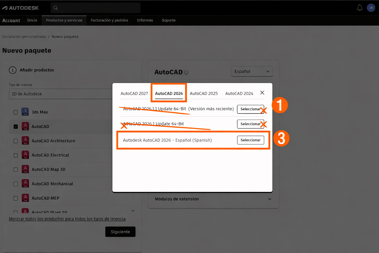 Selector de versión de Autodesk con el año correcto, opciones Update marcadas para evitar y el instalador principal de AutoCAD resaltado