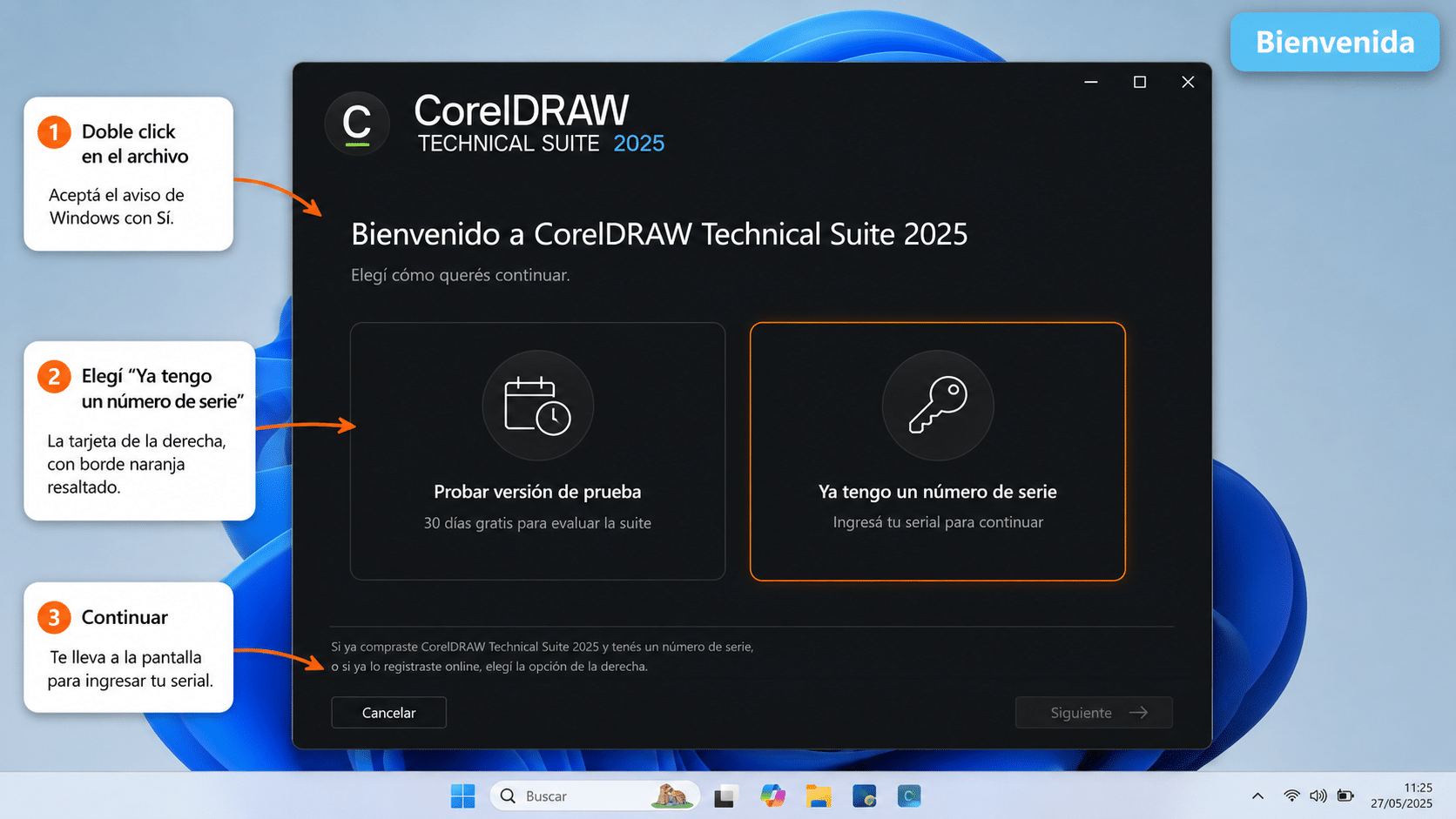 Pantalla de bienvenida del instalador CorelDRAW Technical Suite 2025 con opciones Prueba o Número de serie