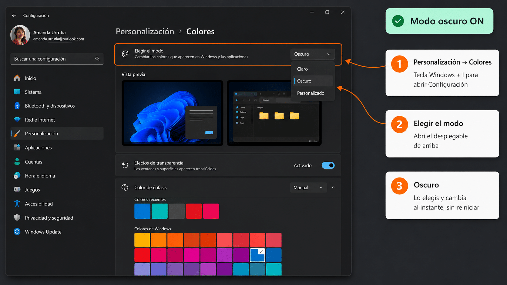 Configuración de Windows 11 en Personalización Colores con el modo oscuro seleccionado