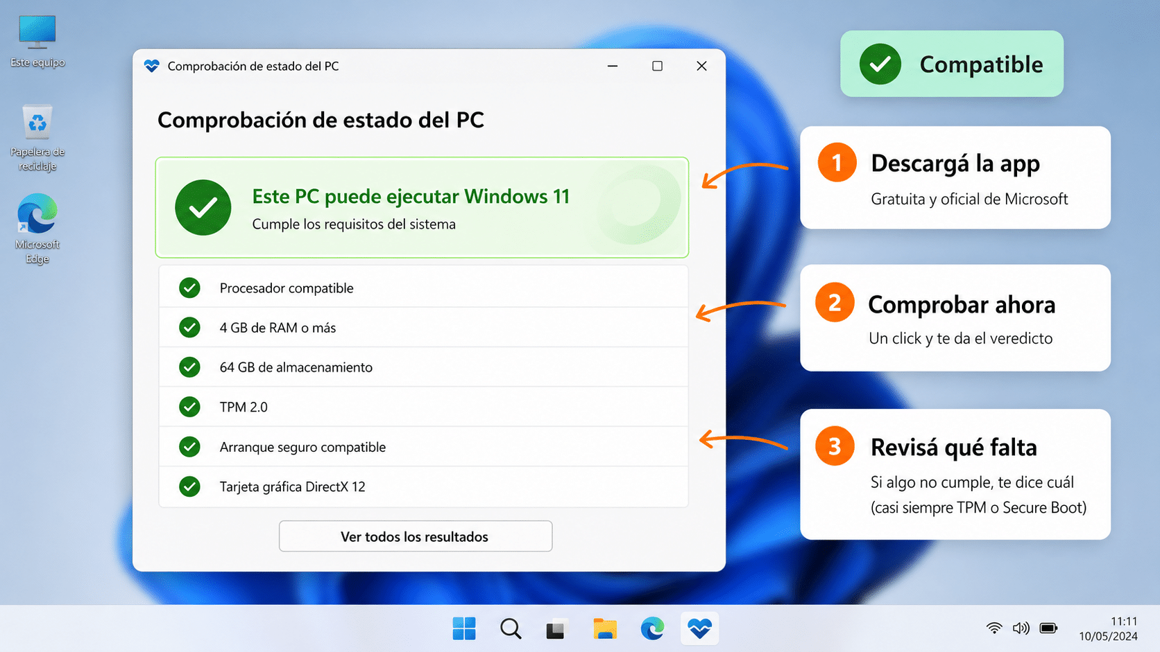 App Comprobación de estado del PC mostrando que el equipo puede ejecutar Windows 11