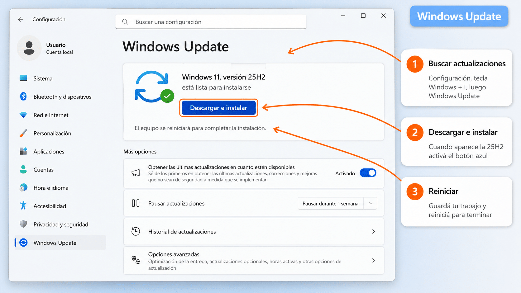 Pantalla de Windows Update mostrando la actualización a Windows 11 versión 25H2 disponible