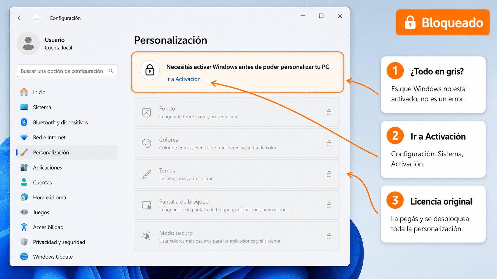 Pantalla de Personalización de Windows 11 bloqueada con el mensaje Necesitás activar Windows antes de poder personalizar tu PC
