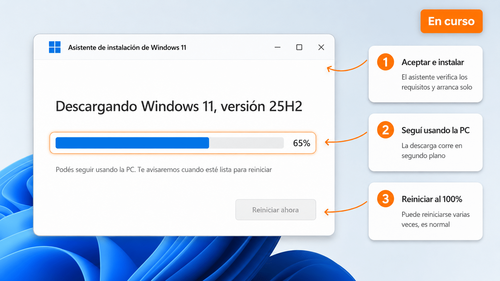Asistente de instalación de Windows 11 25H2 descargando e instalando la actualización