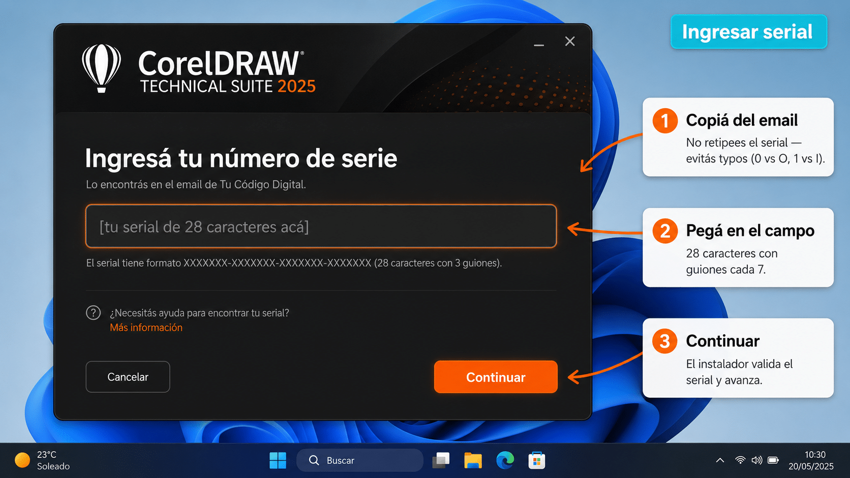 Campo para pegar número de serie en el instalador CorelDRAW Technical Suite 2025