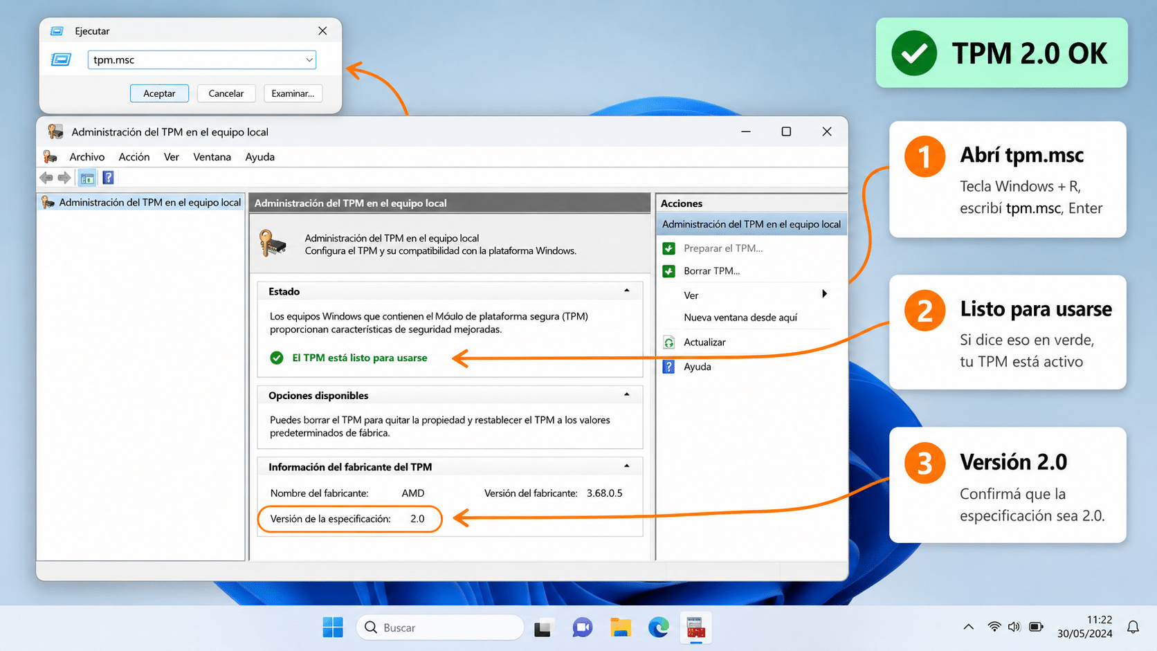 Ventana de Administración del TPM mostrando versión 2.0 lista para usarse en Windows