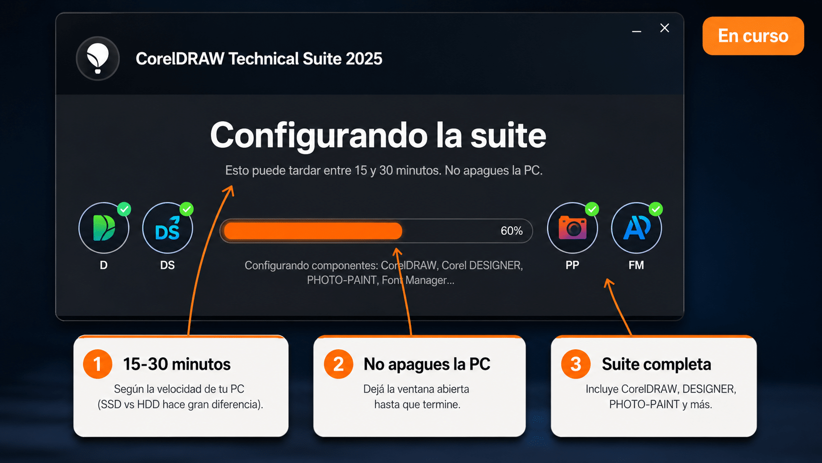 Pantalla de progreso de instalación de CorelDRAW Technical Suite 2025 en curso