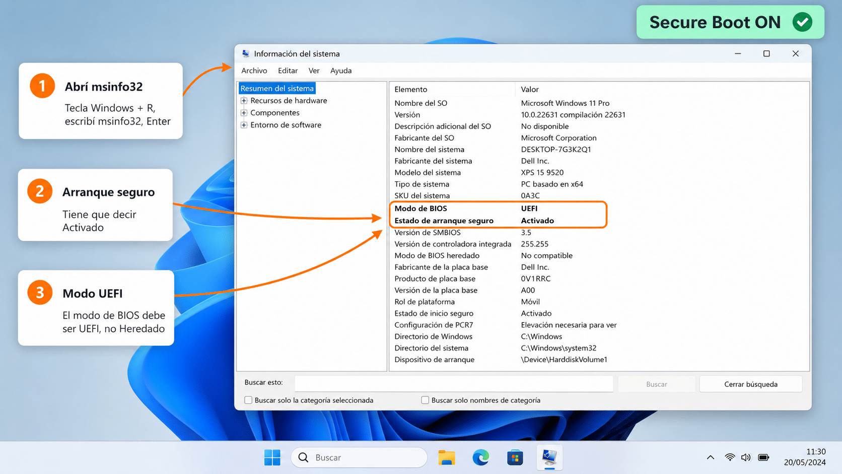 Ventana Información del sistema msinfo32 mostrando Arranque seguro activado y modo BIOS UEFI