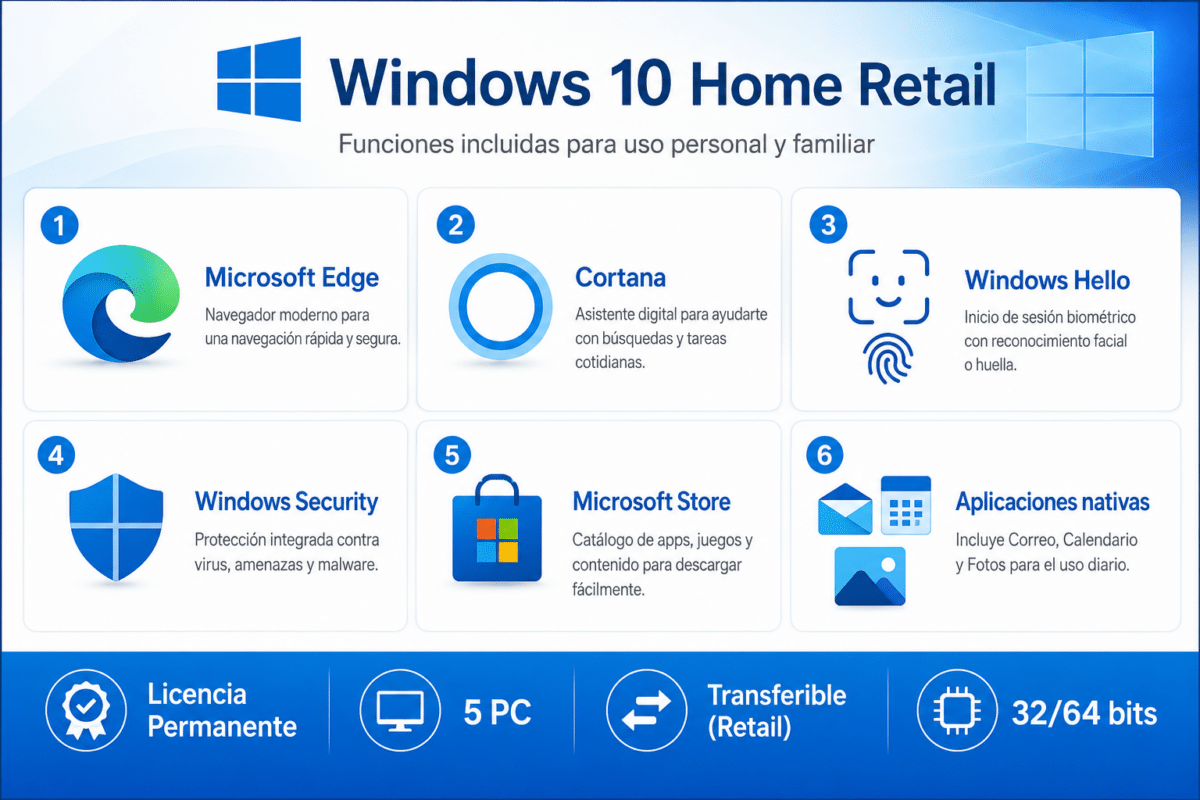 Windows 10 Home Retail – 5 Pc – Licencia Permanente