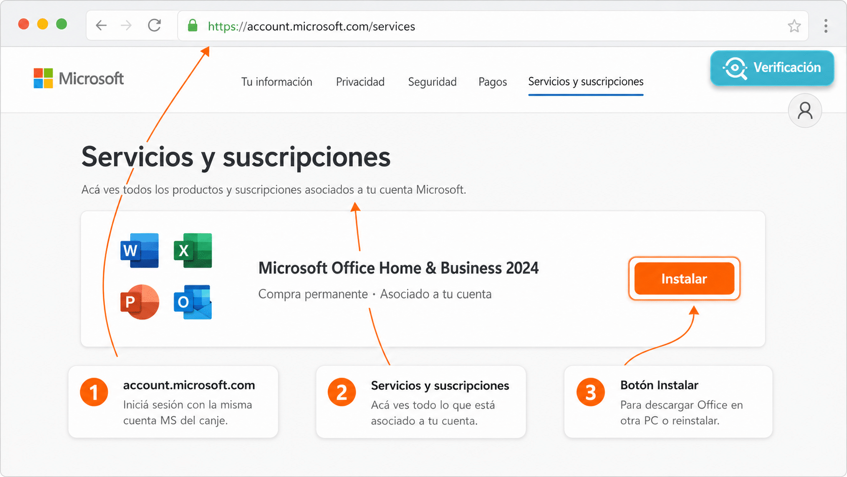 Página de servicios y suscripciones de cuenta Microsoft mostrando Office listado