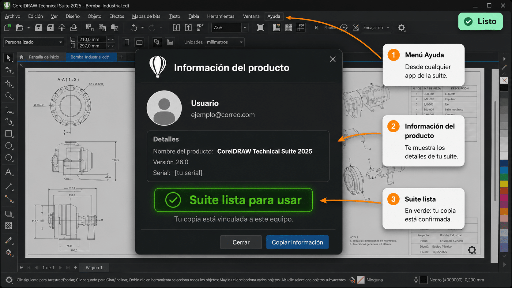 Pantalla Acerca de CorelDRAW Technical Suite 2025 mostrando licencia activada