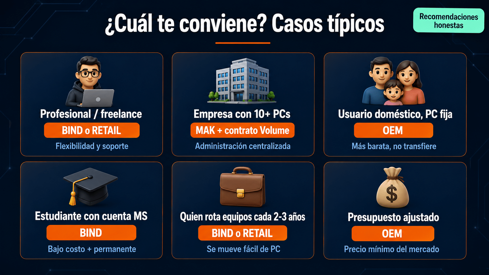 Casos típicos para elegir entre BIND, Retail, OEM y MAK en Office 2021 Pro Plus