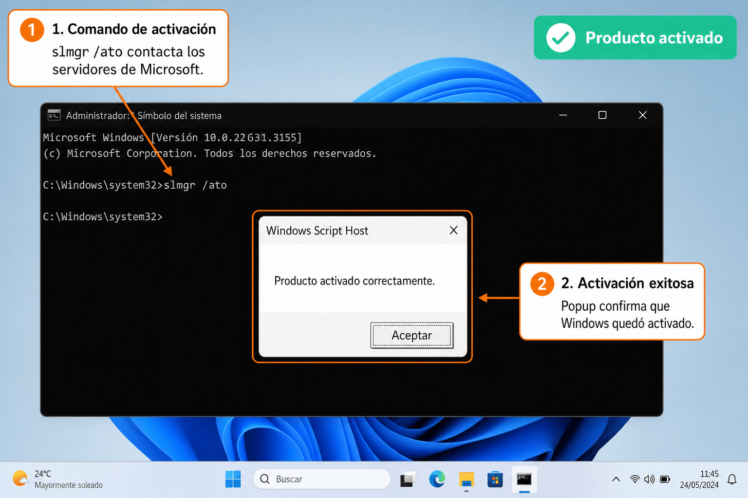 Símbolo del sistema en Windows 11 Enterprise ejecutando el comando slmgr para activar online con confirmación de producto activado correctamente