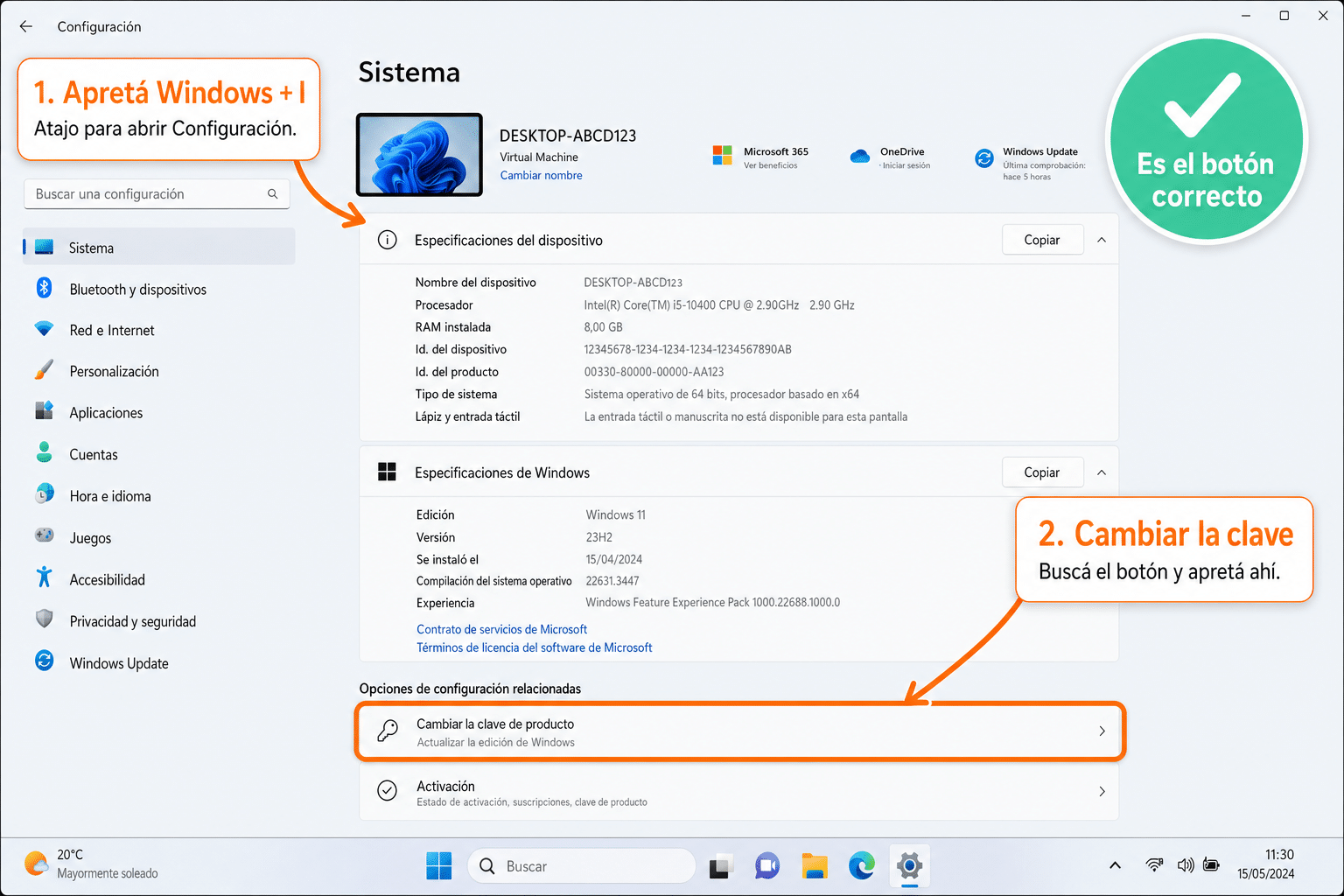 Panel Configuración Sistema de Windows 11 mostrando el botón Cambiar la clave de producto