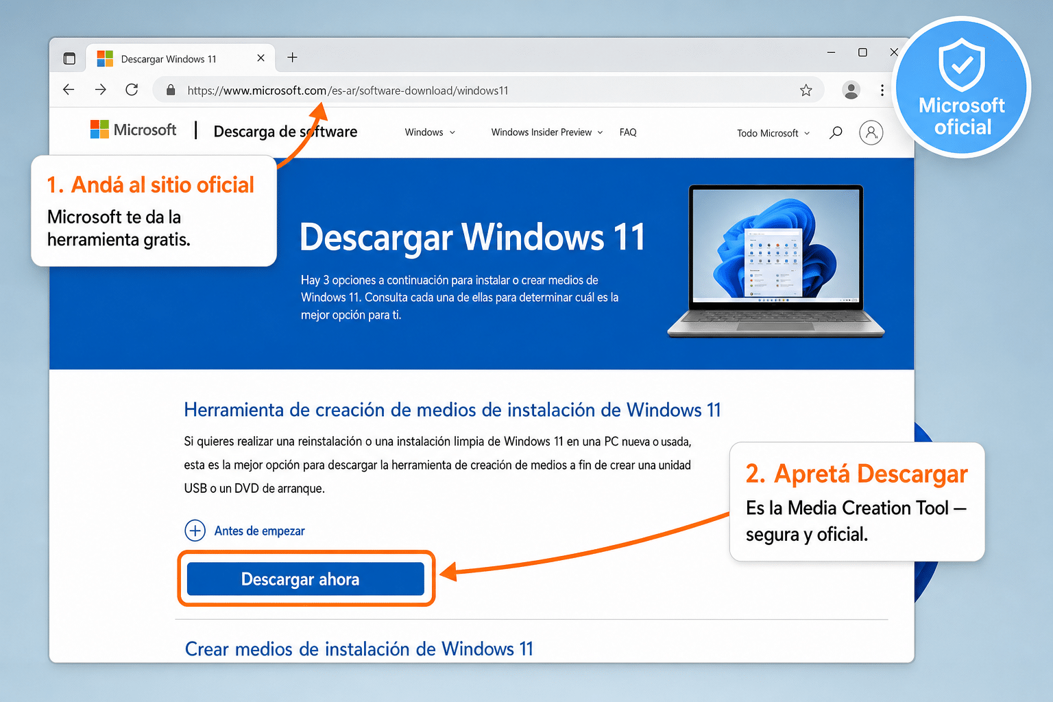 Captura del sitio oficial de Microsoft mostrando el botón para descargar la Media Creation Tool de Windows 10 y 11