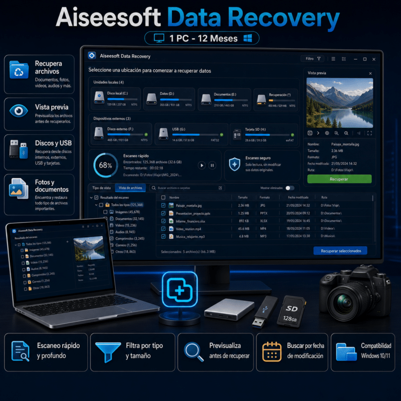 Aiseesoft Data Recovery - 1 PC - Licencia Digital 12 Meses - Hero galeria