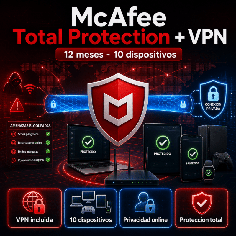 McAfee Total Protection + VPN - 12 Meses - 10 Dispositivos - Licencia - Hero galeria