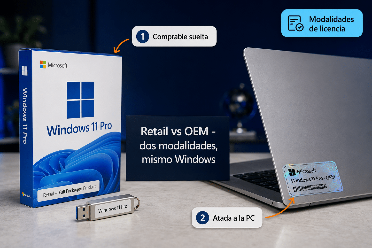 Caja Retail de Windows 11 Pro vs etiqueta OEM en notebook