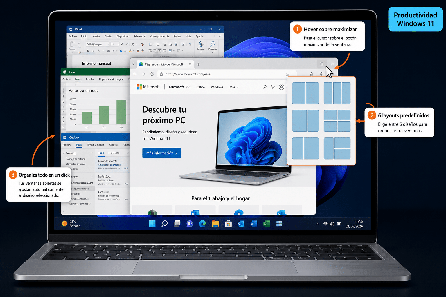 Snap Layouts de Windows 11 con menú de 6 layouts predefinidos al hacer hover en maximizar
