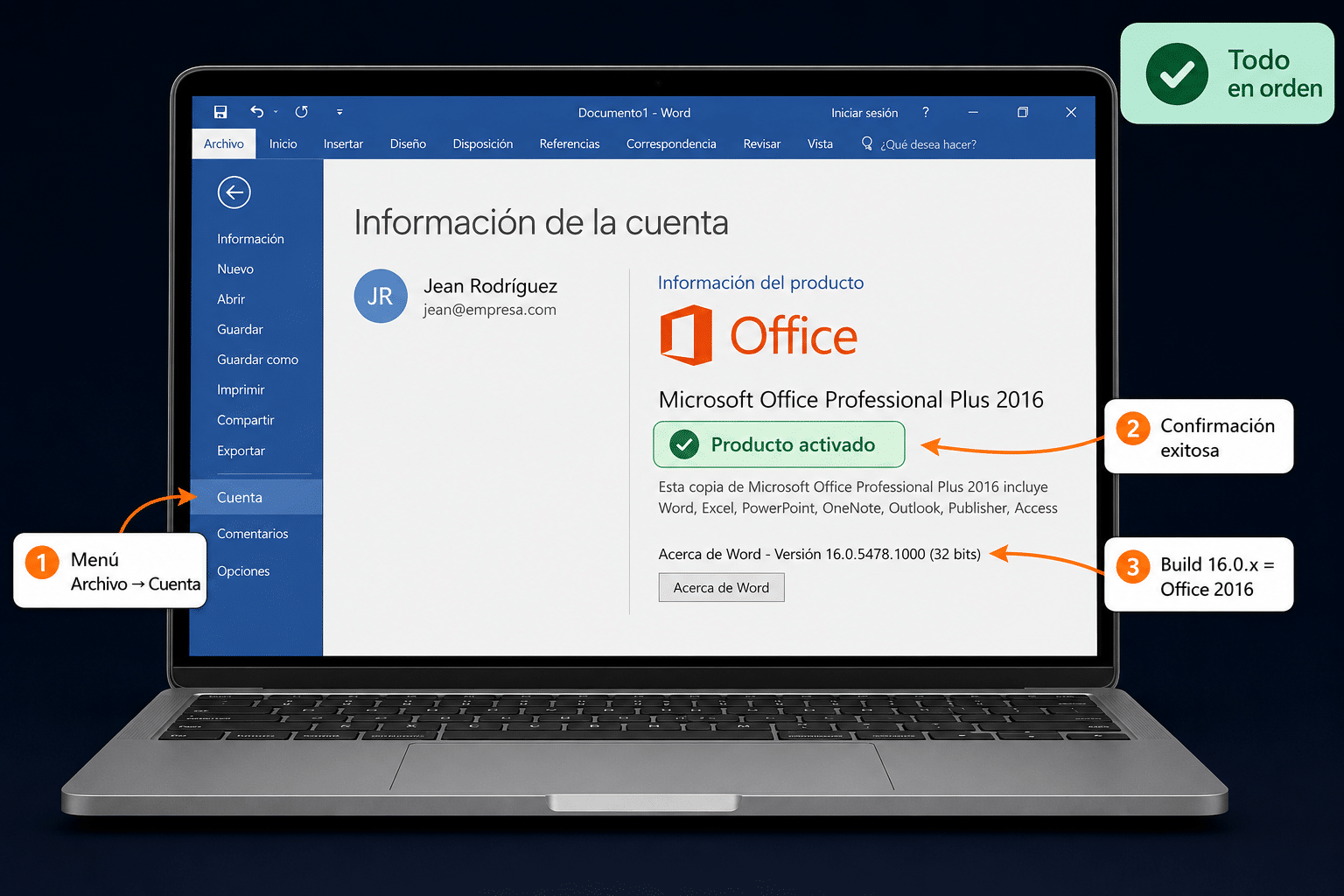 Pantalla Archivo Cuenta de Word 2016 con badge verde Producto activado y nombre de la suite