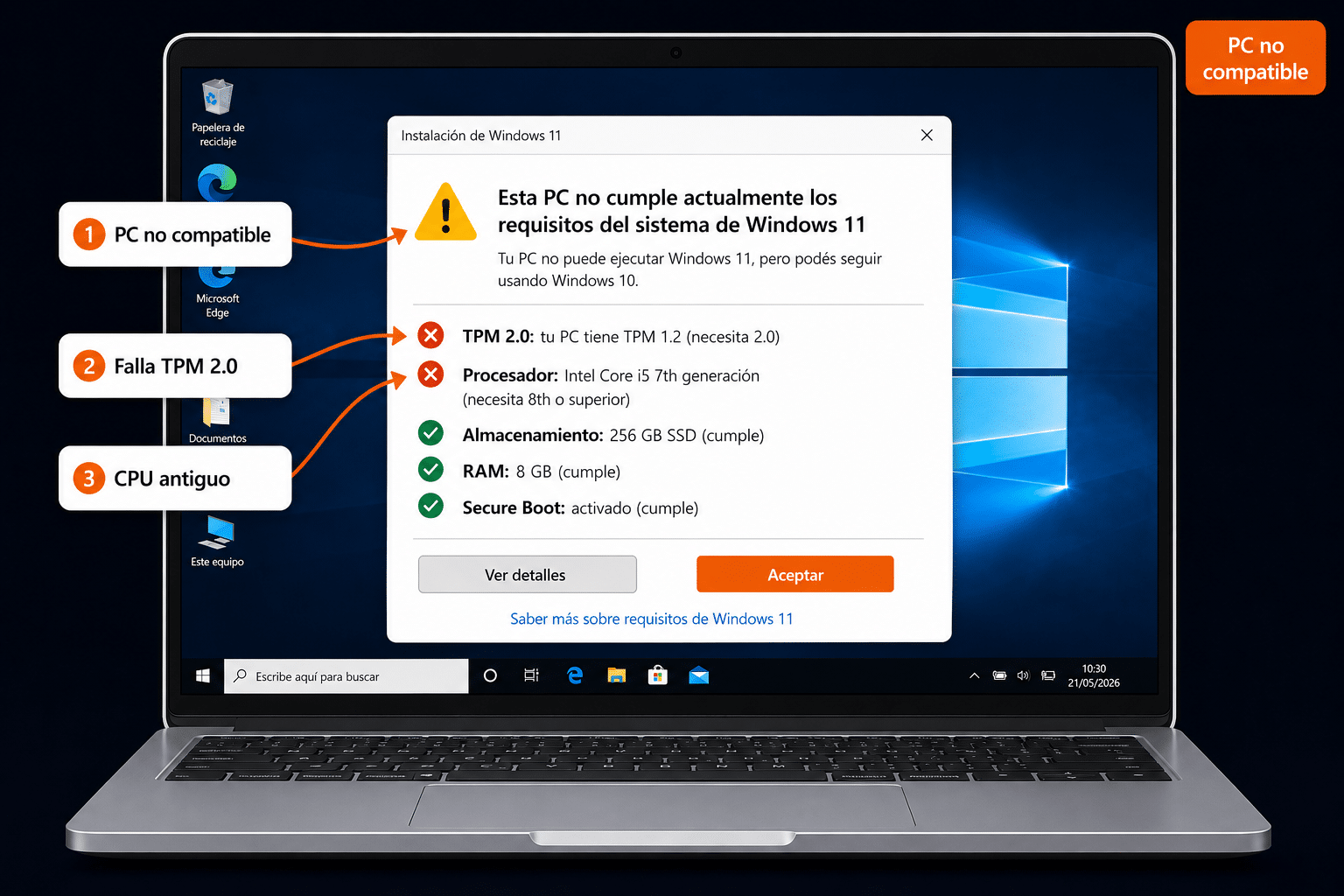 Mensaje de error Windows 11 no compatible por TPM 2.0 y procesador antiguo