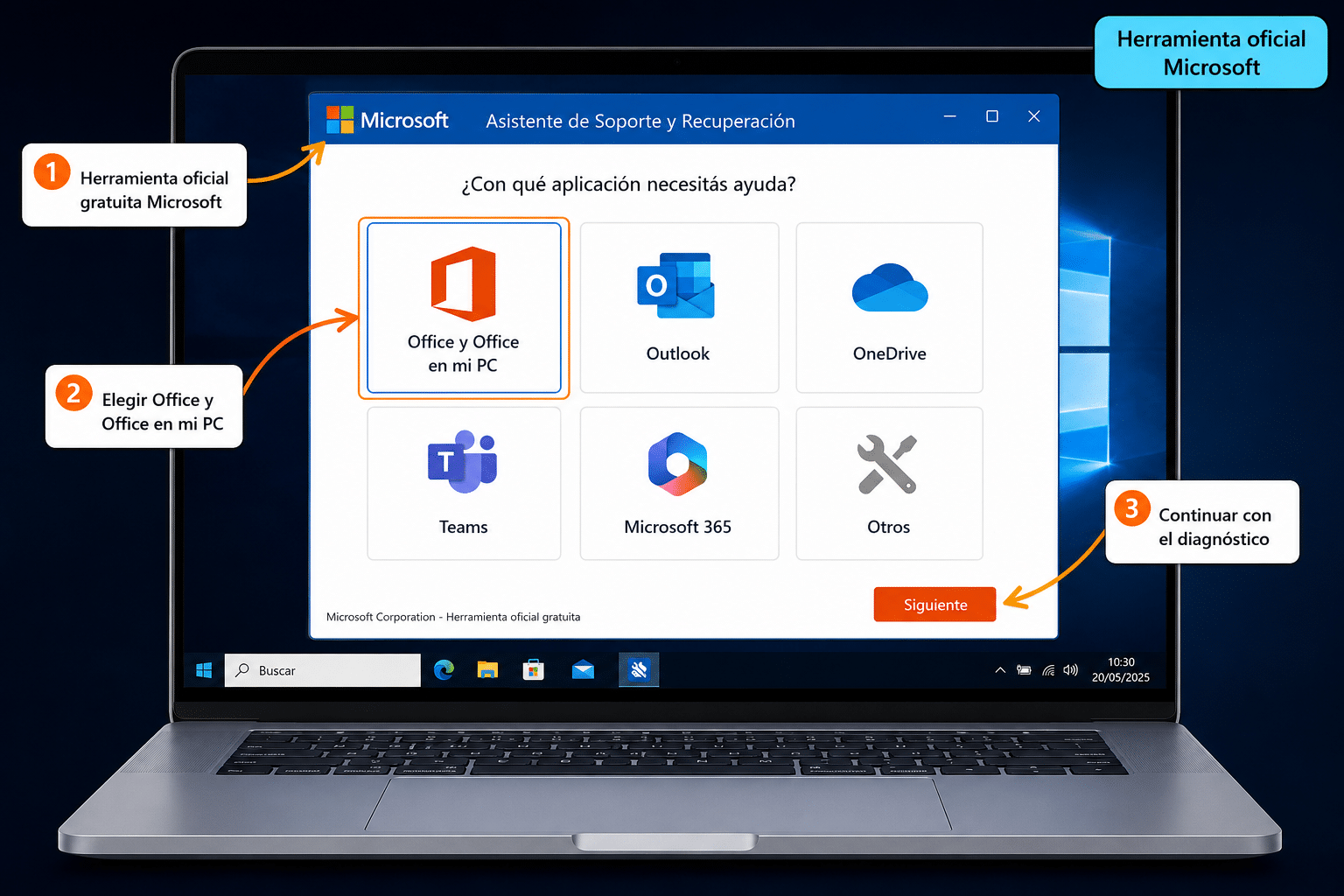 Herramienta oficial Microsoft SaRA con la opción Office y Office en mi PC seleccionada