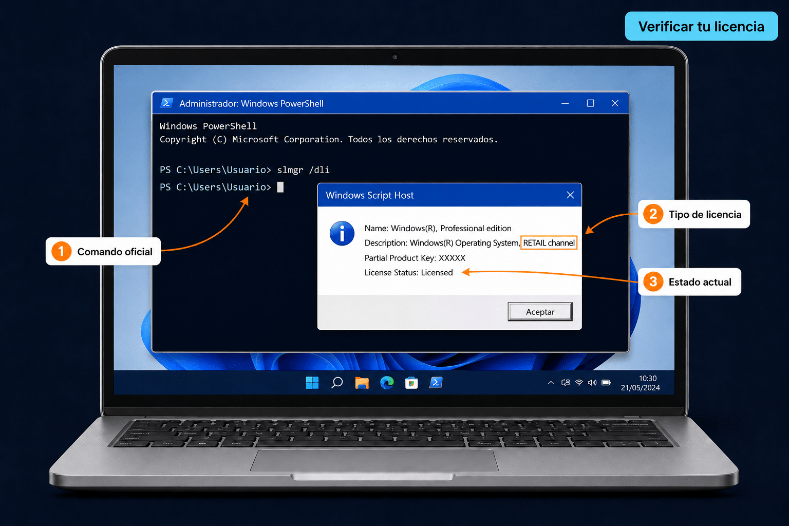 Comando slmgr dli en PowerShell mostrando tipo de licencia Windows Retail