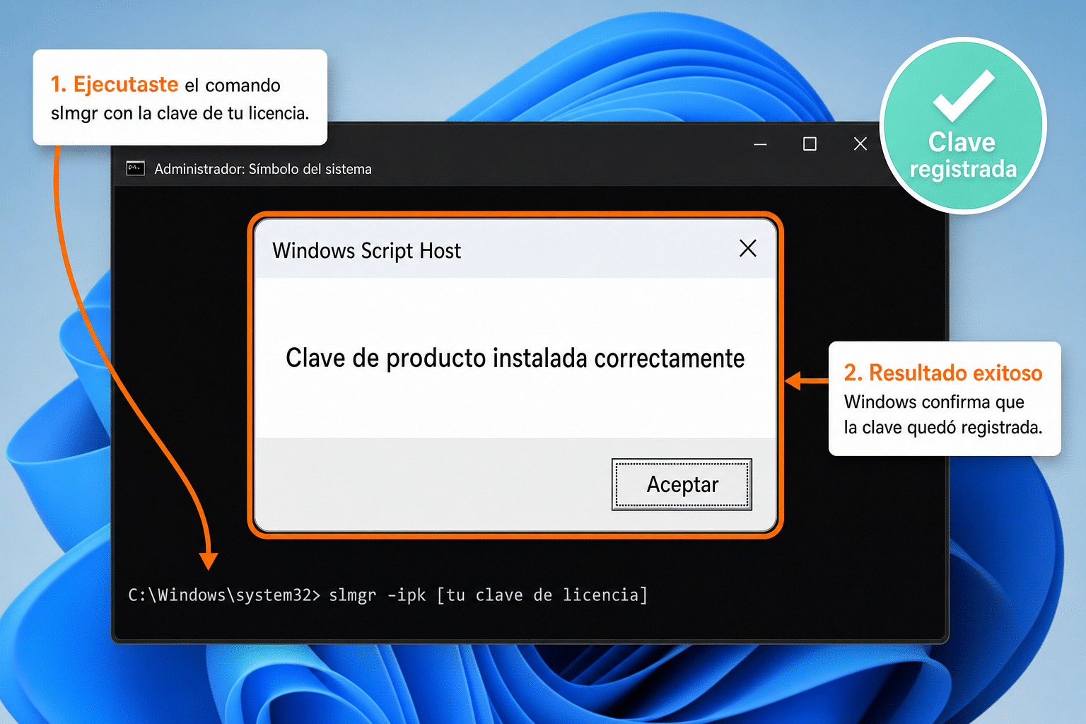 Símbolo del sistema en Windows 11 Enterprise mostrando el comando slmgr para registrar la clave MAK con confirmación de instalación correcta