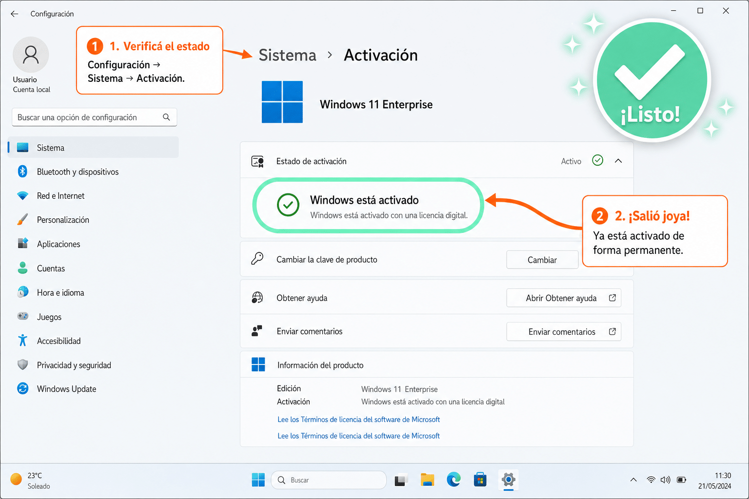 Panel Configuración Activación de Windows 11 mostrando Windows está activado tras aplicar la clave