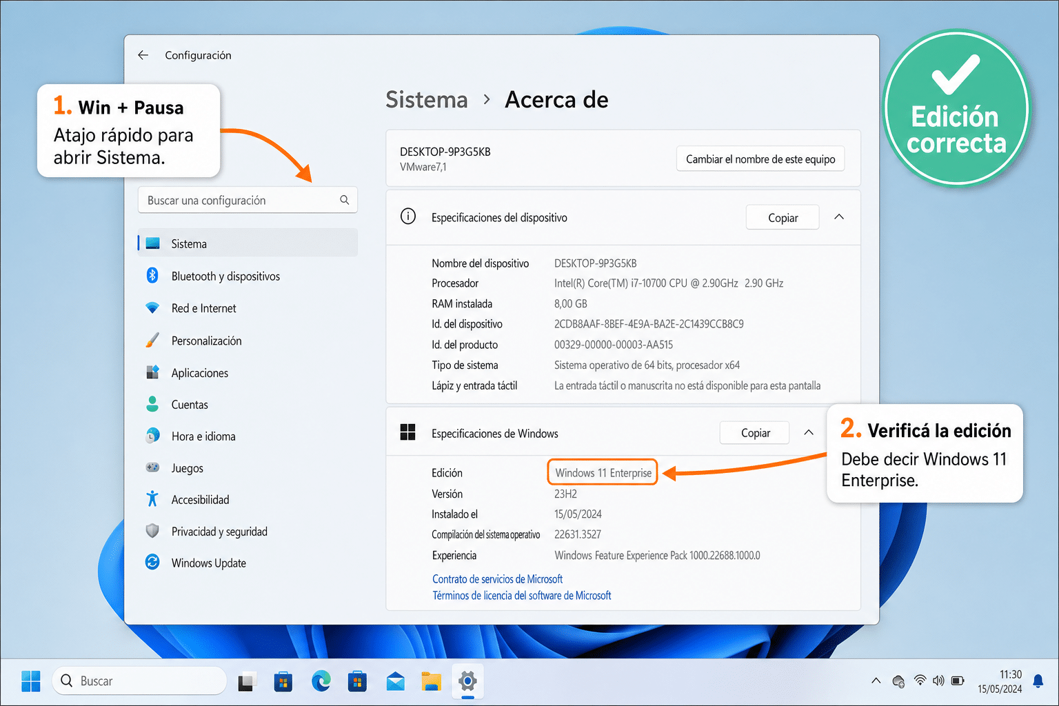 Panel Sistema de Windows 11 mostrando la edición Windows 11 Enterprise verificada antes de activar con clave MAK