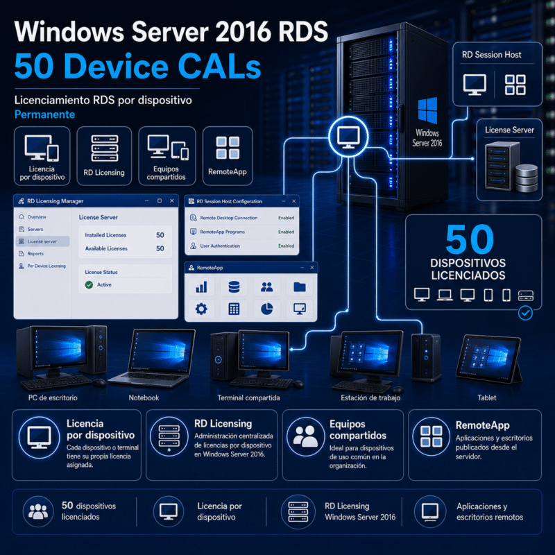 Windows Server 2016 RDS - 50 Device CALs - Permanente - Hero galeria