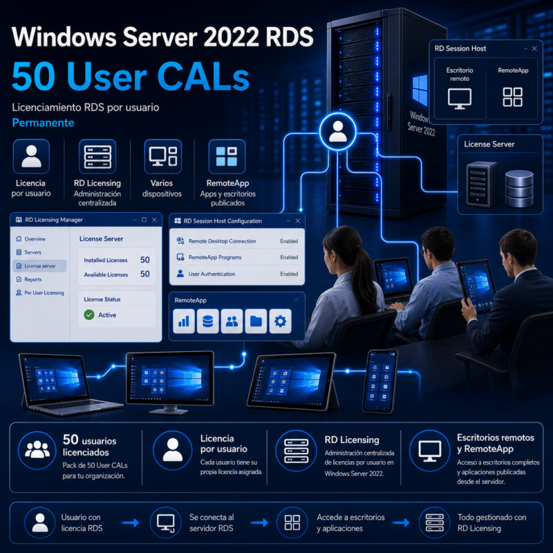 Windows Server 2022 RDS - 50 User CALs - Permanente - Hero galeria